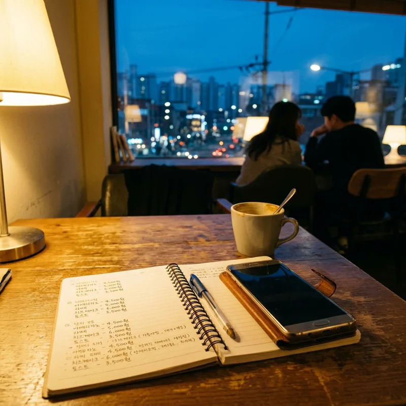 A notebook with handwritten prices beside a phone on a wooden table in a quiet Seoul cafe