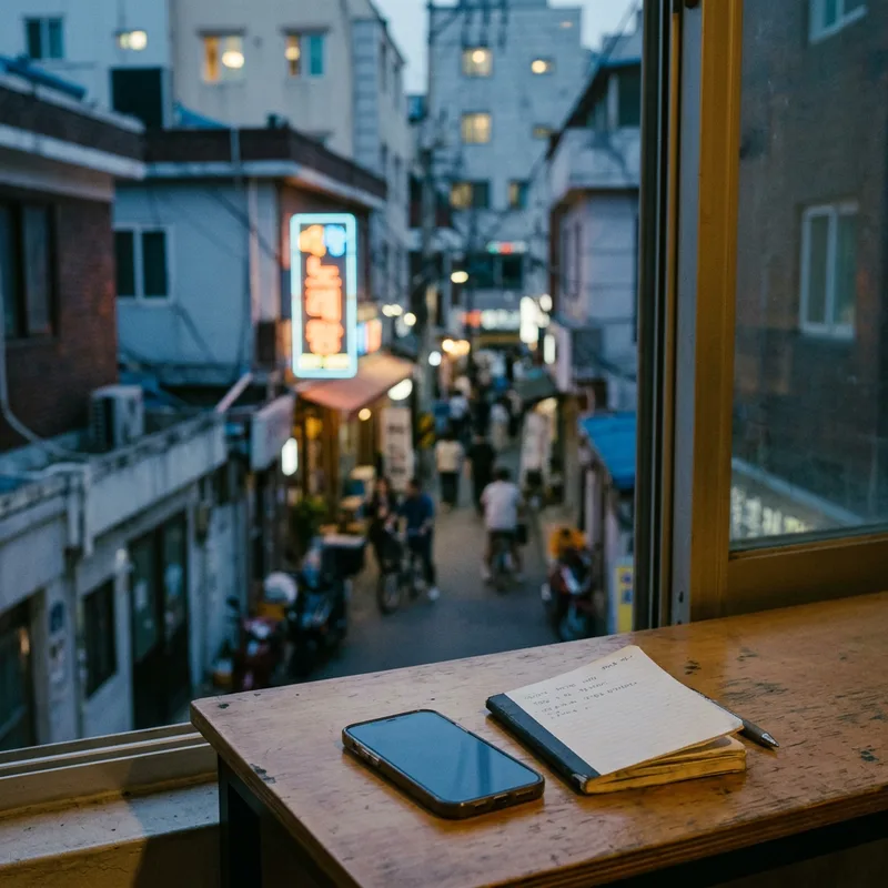 A phone and notebook on a desk by a window looking onto a narrow Seoul alley with a neon sign at dusk