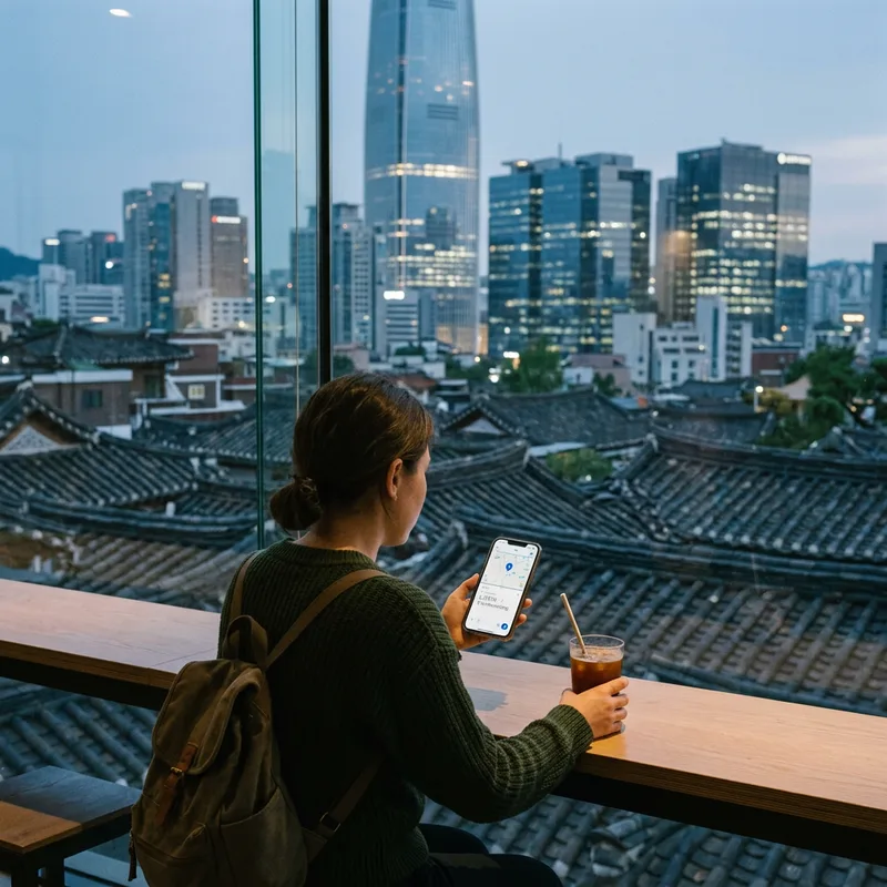 A traveler at a minimalist Seoul cafe window holding a phone that shows a map and a translation app side by side