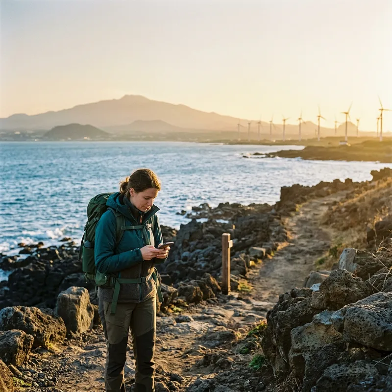 Traveler on a coastal Olle trail on Jeju at golden hour checking a phone