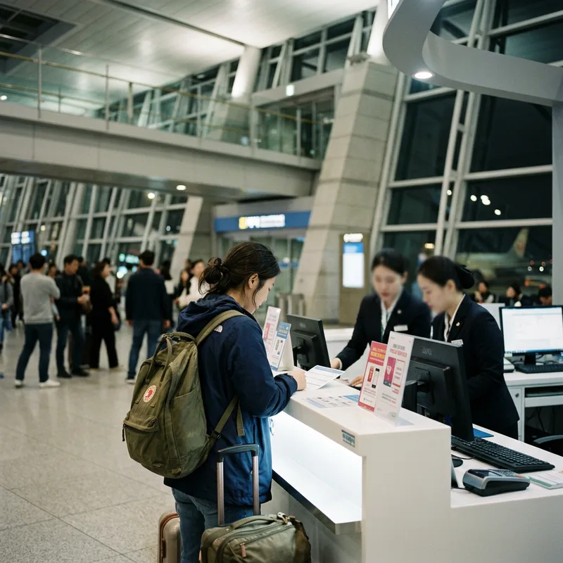A traveler at a brightly lit telecom roaming counter inside Incheon airport arrivals hall at night