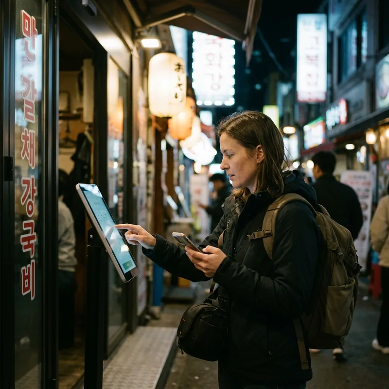 A traveler at a Seoul restaurant entrance tapping a self-service tablet waitlist kiosk, phone in the other hand, neon signs blurred behind