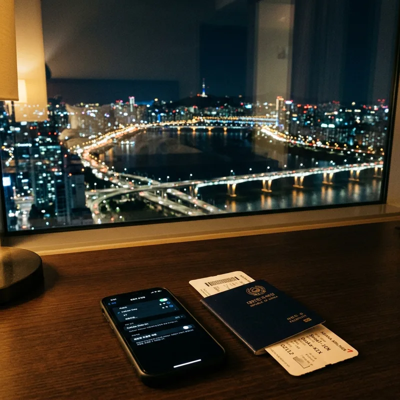 A phone showing cellular settings on a Seoul hotel desk beside a passport and boarding pass, with Han river bridge lights through the window