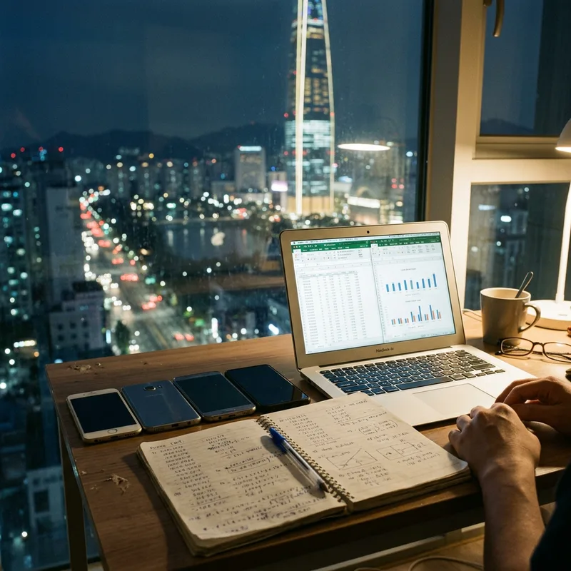 A laptop with comparison spreadsheets and four phones on a desk by a night window, Lotte World Tower glowing in the distance